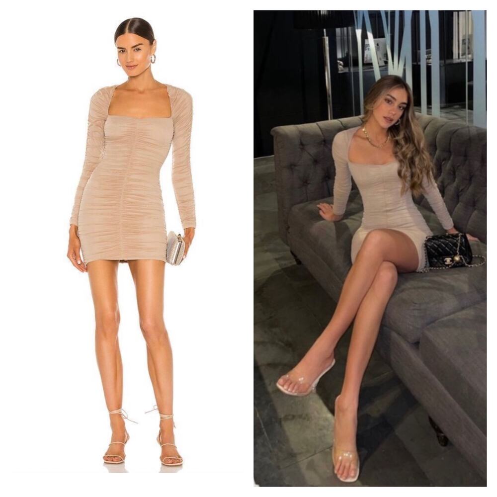 NWT Michael Costello REVOLVE Franky Mini Dress Taupe Size XS Ruched Long Sleeve
